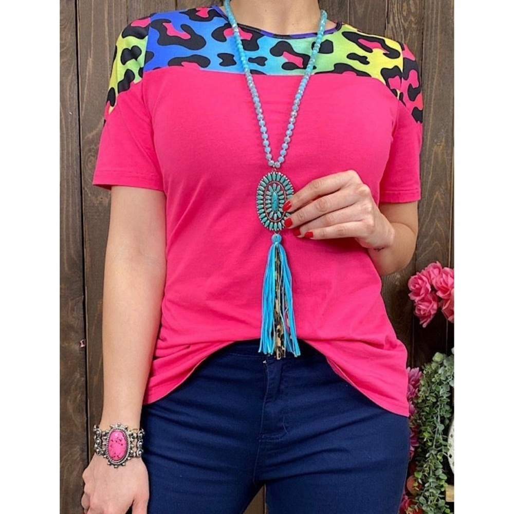 Southern Stitch pink & multi colored Leo print short sleeve tee